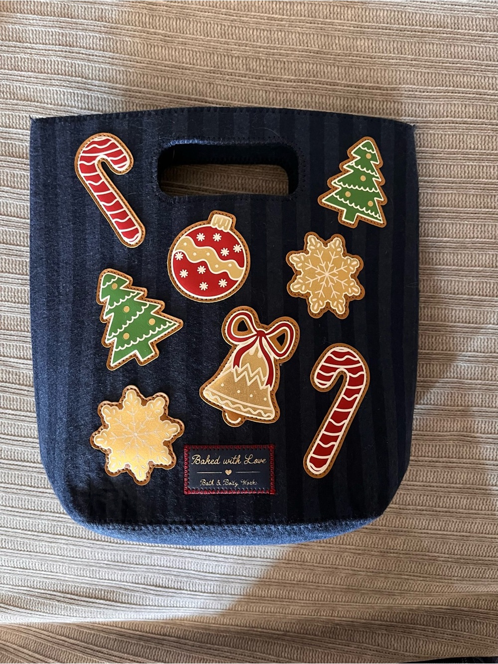 Bath and Body Works Navy Tote Bag with Festive Cookie Patches- Limited Edition